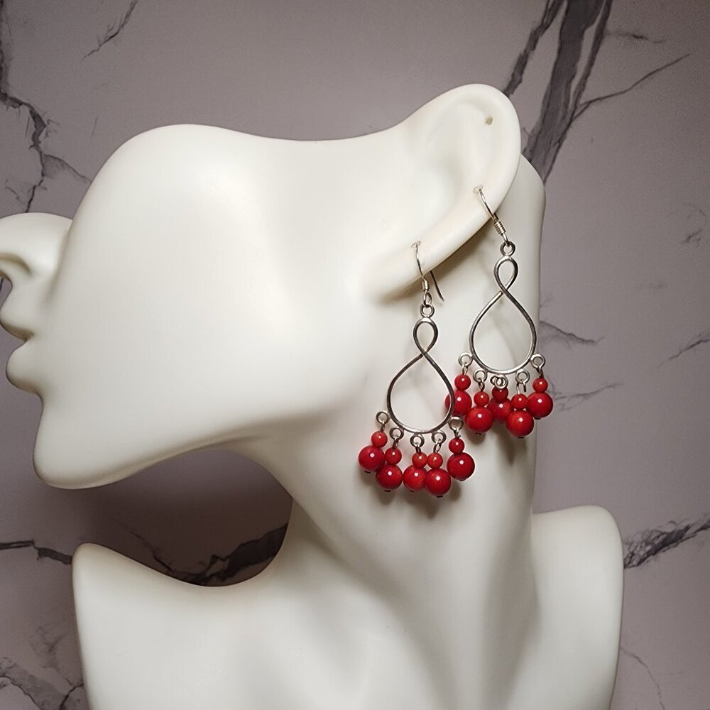 925 Silver Red Bead Dangle Earrings
